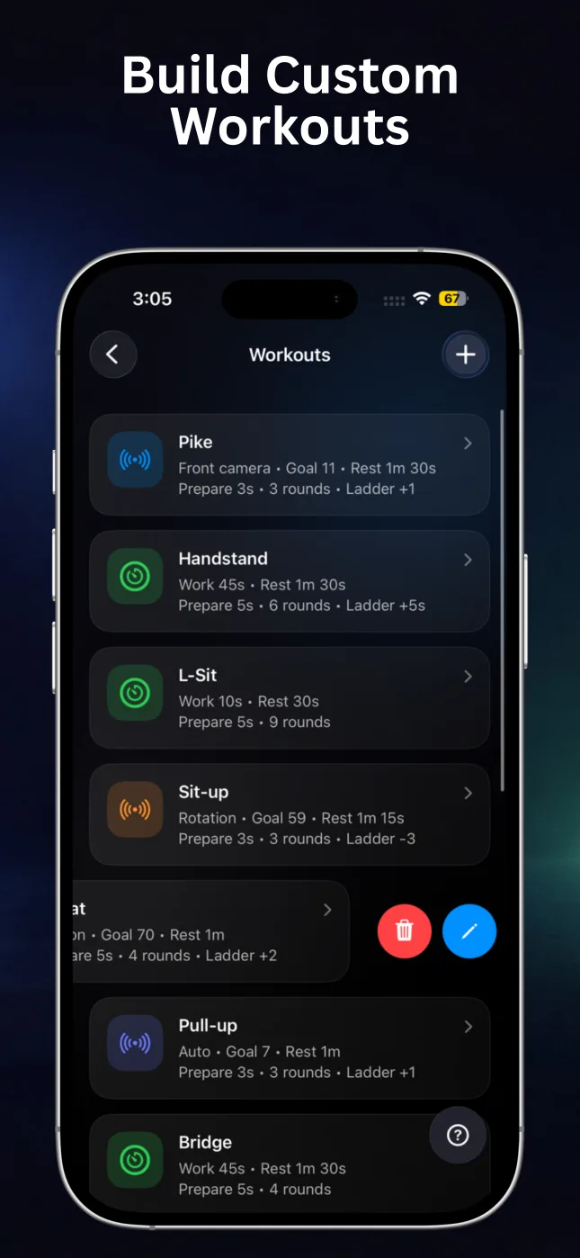 RepChime saved custom workouts list