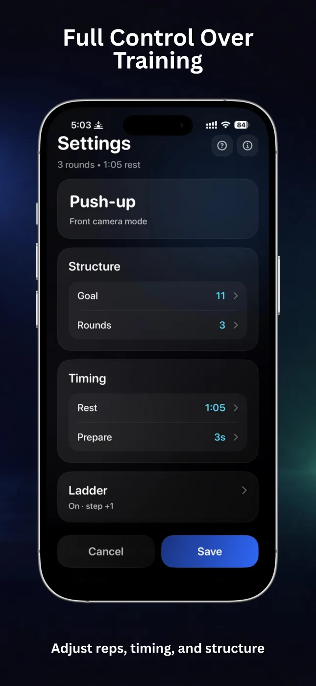RepChime detailed repetition workout settings
