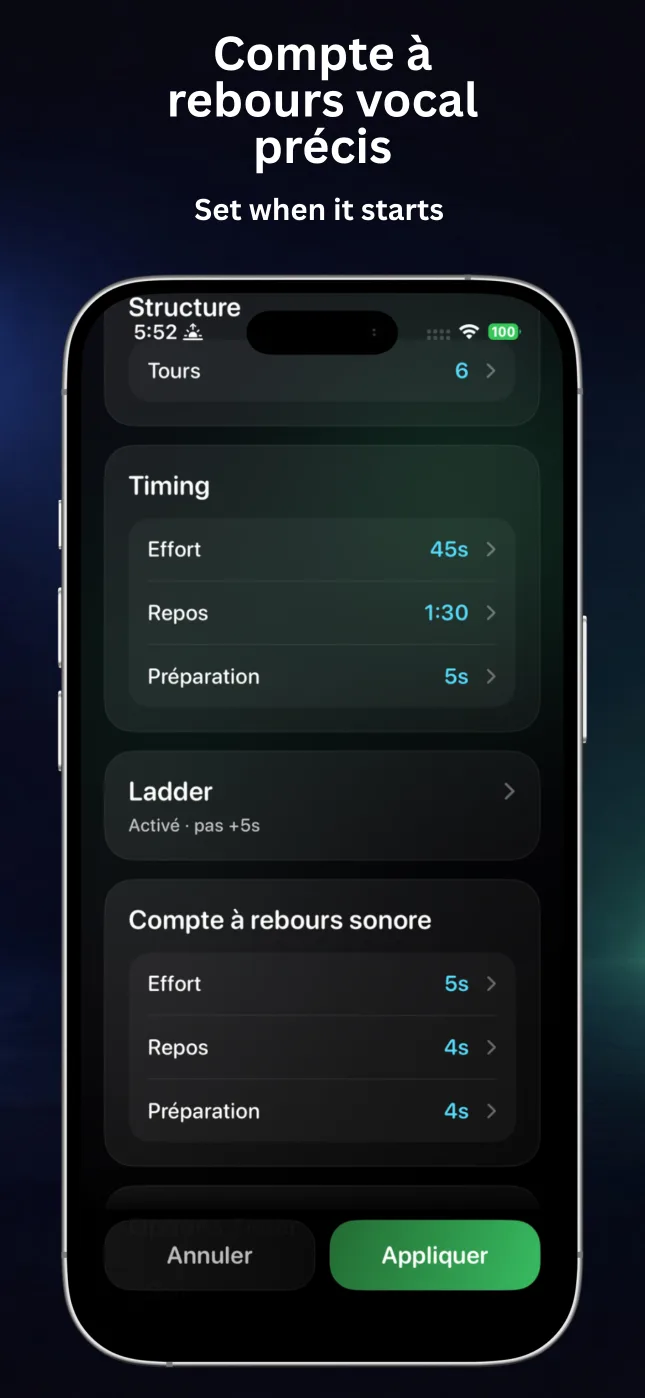 Réglages du décompte sonore