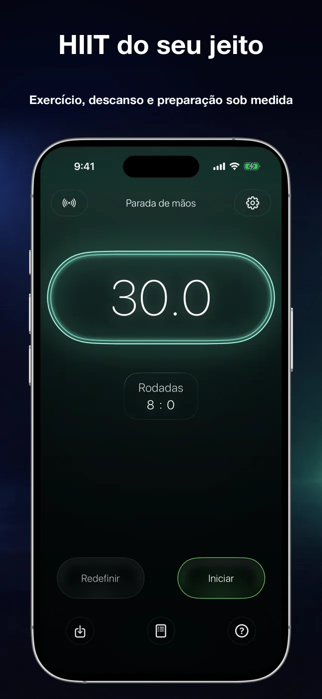 Timer do RepChime com tempos personalizados de exercício, descanso e preparação